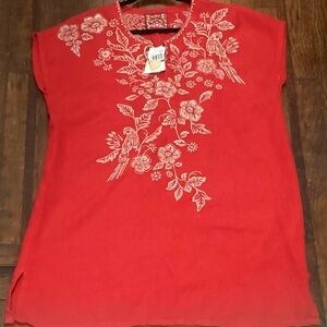NWT Johnny Was Red Linen Embroidered Floral Abigail Tunic Dress